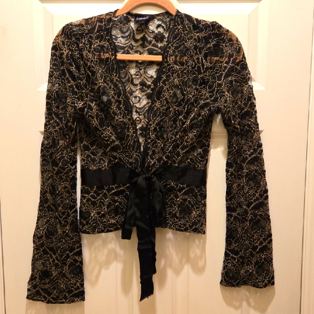 Vintage Y2K Frederick's Of Hollywood Cardigan 8 Black Gold Lace Bow Tie Satin